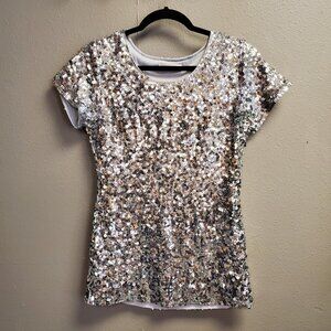 Maner Sequin Top Women Size M Silver Shiny T Shirt Stretch Lined Comfort